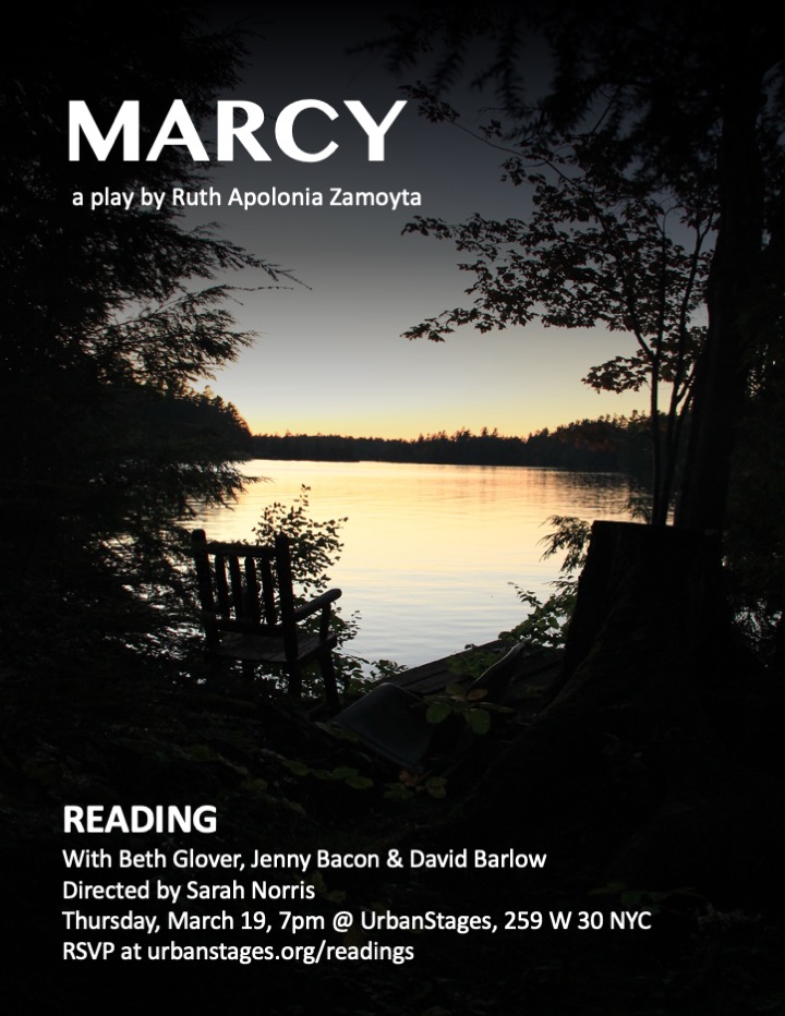 A reading of the play "Marcy," by Ruth Apolonia Zamoyta, with Beth Glover, Jenny Bacon, and David Barlow, directed by Sarah Norris at Urban Stages, NYC, March 19, 2026.